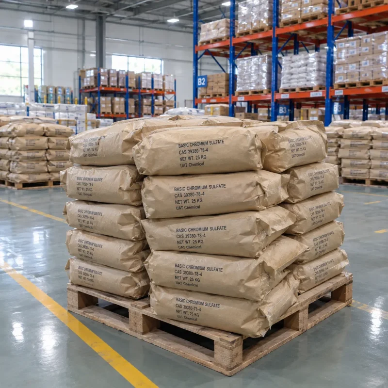 Stacked 25kg brown paper bags of Basic Chromium Sulfate CAS 39380-78-4 on a wooden pallet in a warehouse.