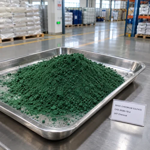 Pile of green Basic Chromium Sulfate powder CAS 39380-78-4 in a stainless steel tray with a product label on a metal table.