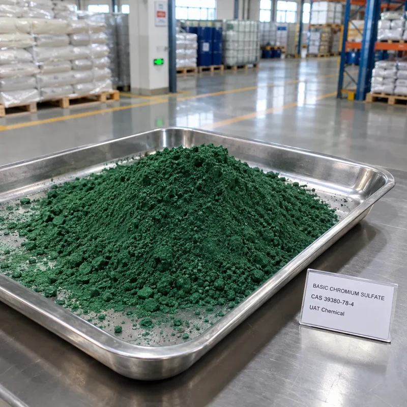 Pile of green Basic Chromium Sulfate powder CAS 39380-78-4 in a stainless steel tray with a product label on a metal table.