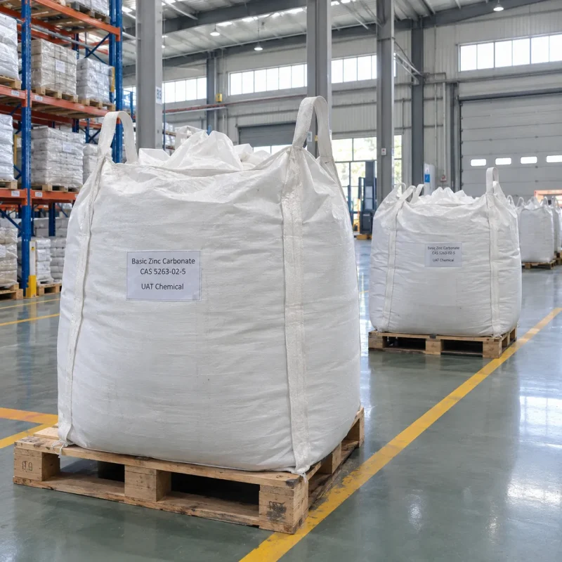 White FIBC ton bags of basic zinc carbonate (CAS 5263-02-5) with four lifting loops standing on pallets in a warehouse