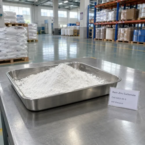 White powder of basic zinc carbonate (CAS 5263-02-5) piled in a stainless steel tray next to a UAT Chemical product card