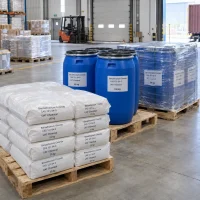 Benzethonium chloride (CAS 121-54-0) in 25 kg woven bags and 50-100 kg blue drums on pallets in a warehouse