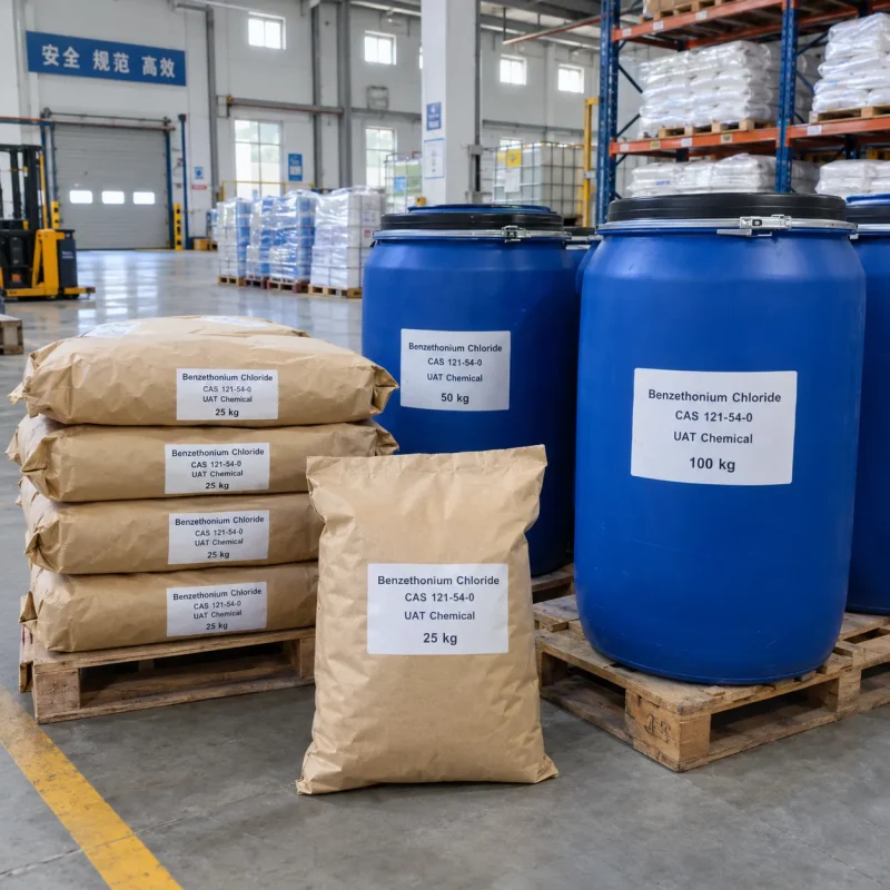 Benzethonium chloride (CAS 121-54-0) packed in 25 kg kraft paper bags and 50-100 kg blue plastic drums on pallets