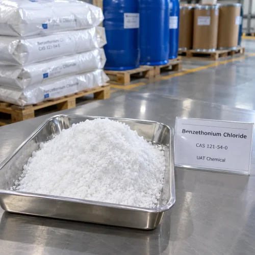 Benzethonium chloride (CAS 121-54-0) white powder in a stainless steel tray with a product sign beside it