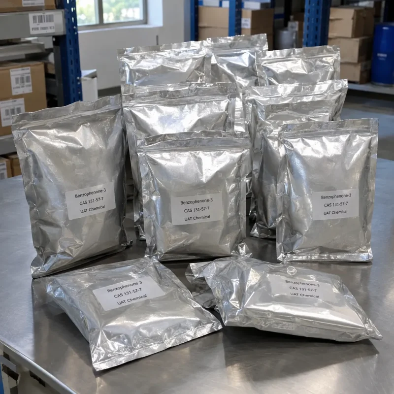 Benzophenone-3 (CAS 131-57-7) in sealed aluminum foil bags on a stainless steel table