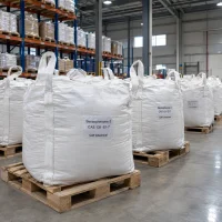 Benzophenone-3 (CAS 131-57-7) packed in white FIBC jumbo bags placed on pallets in a warehouse