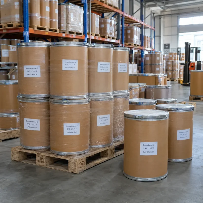 Benzophenone-3 (CAS 131-57-7) packed in fiber drums stacked on a pallet in a warehouse