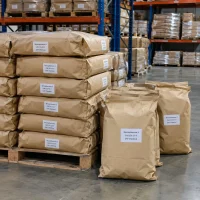 Benzophenone-3 (CAS 131-57-7) packed in kraft paper bags stacked on pallets in a warehouse