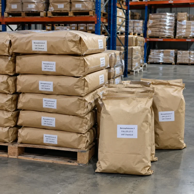 Benzophenone-3 (CAS 131-57-7) packed in kraft paper bags stacked on pallets in a warehouse
