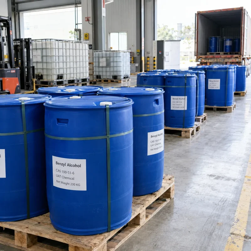 200 kg blue plastic drums of benzyl alcohol (CAS 100-51-6) labeled UAT Chemical on pallets near a container loading dock