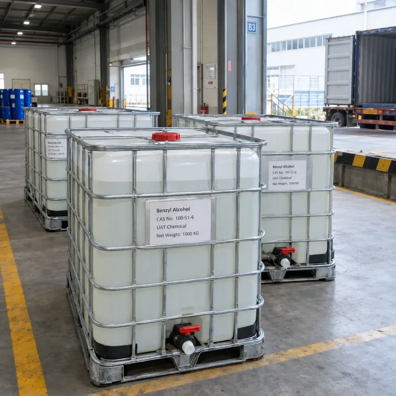 1000 kg white IBC totes of benzyl alcohol (CAS 100-51-6) with bottom valves standing near a container truck in a warehouse