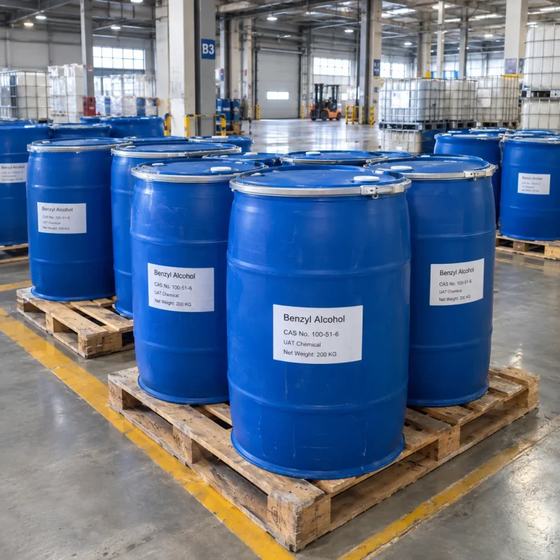 Blue plastic drums of benzyl alcohol (CAS 100-51-6) with steel locking rings and 200 kg net weight on warehouse pallets