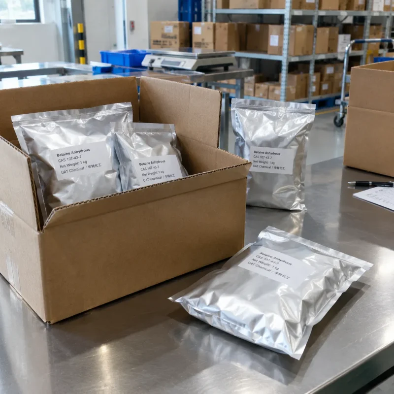 betaine-anhydrous-cas-107-43-7-1kg-aluminum-foil-sample-bag-workbench Betaine Anhydrous CAS 107-43-7 1kg aluminum foil sample bags in carton on laboratory workbench