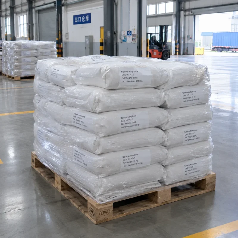 betaine-anhydrous-cas-107-43-7-export-warehouse-palletized-bulk-cargo Betaine Anhydrous CAS 107-43-7 shrink-wrapped pallet bulk cargo in export warehouse