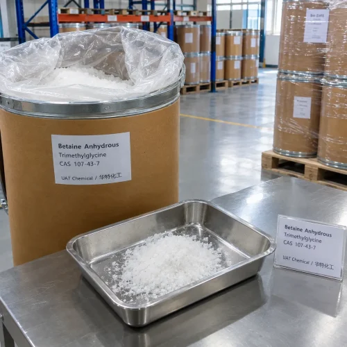 betaine-anhydrous-cas-107-43-7-fiber-drum-with-sample-tray-warehouse Betaine Anhydrous CAS 107-43-7 white crystalline powder in fiber drum with sample display in chemical warehouse