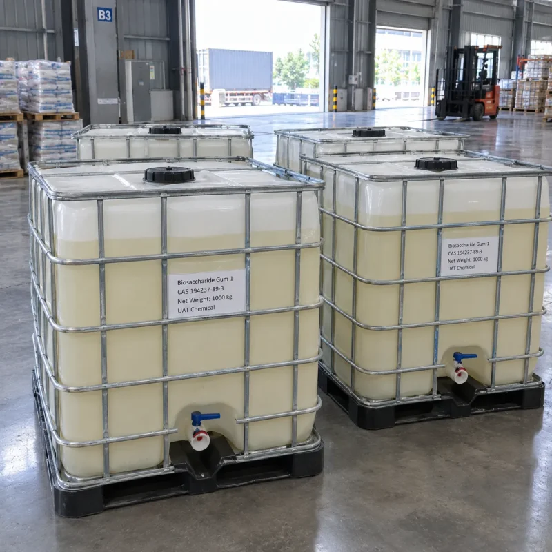biosaccharide-gum-1-cas-194237-89-3-1000kg-ibc-totes Biosaccharide Gum-1 (CAS 194237-89-3) in 1000 kg IBC totes with metal frames and discharge valves in a warehouse