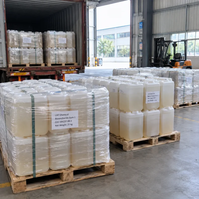 biosaccharide-gum-1-cas-194237-89-3-25kg-drums-loading-container Stretch-wrapped pallets of Biosaccharide Gum-1 (CAS 194237-89-3) in 25 kg plastic drums loaded into a shipping container