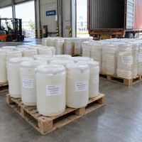 biosaccharide-gum-1-cas-194237-89-3-25kg-plastic-drums Biosaccharide Gum-1 (CAS 194237-89-3) in 25 kg white plastic drums on wooden pallets in a warehouse near a container truck