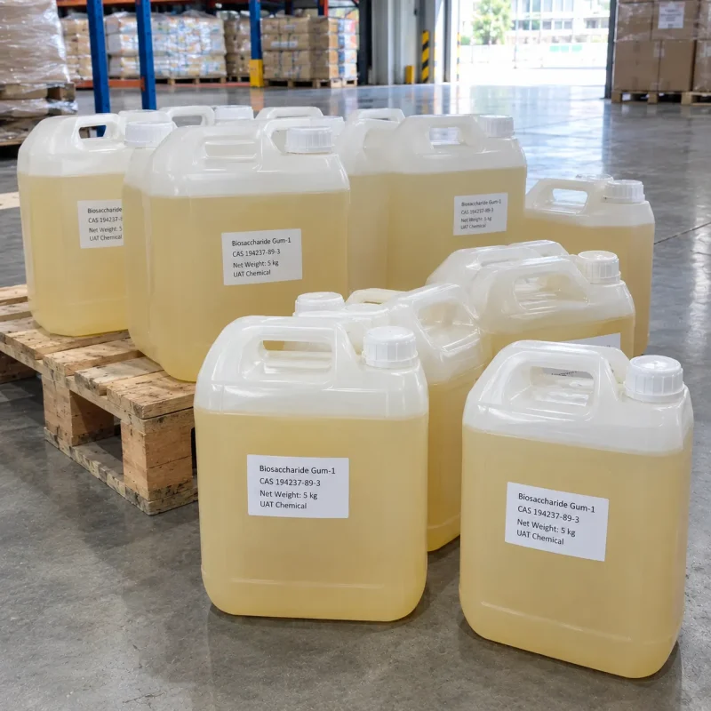 biosaccharide-gum-1-cas-194237-89-3-5kg-plastic-jerricans Biosaccharide Gum-1 (CAS 194237-89-3) in 5 kg plastic jerricans with pale yellow liquid on wooden pallets in a warehouse