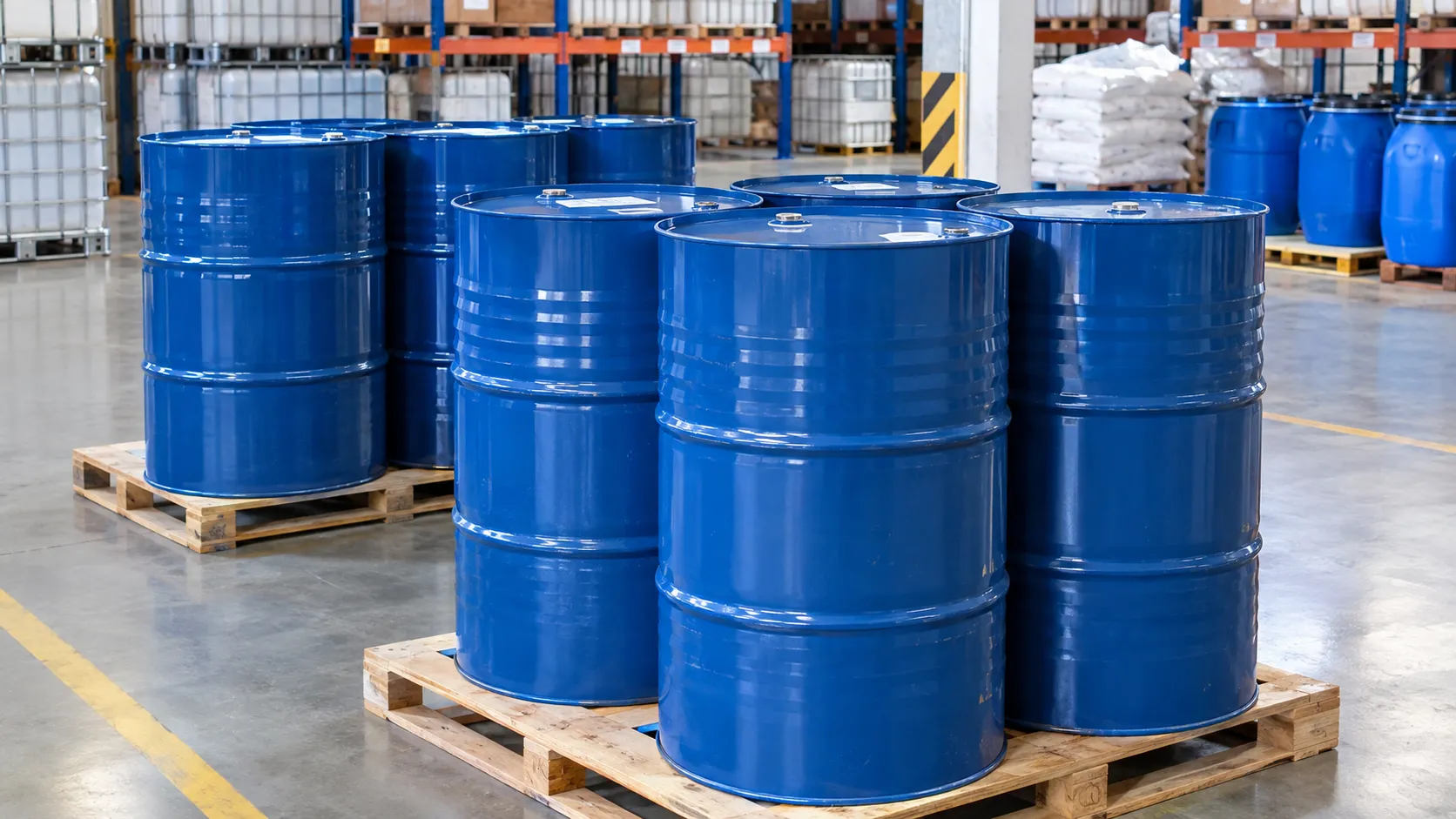 Blue steel drums sealed on wooden pallets, ready to ship liquid chemicals from UAT warehouse