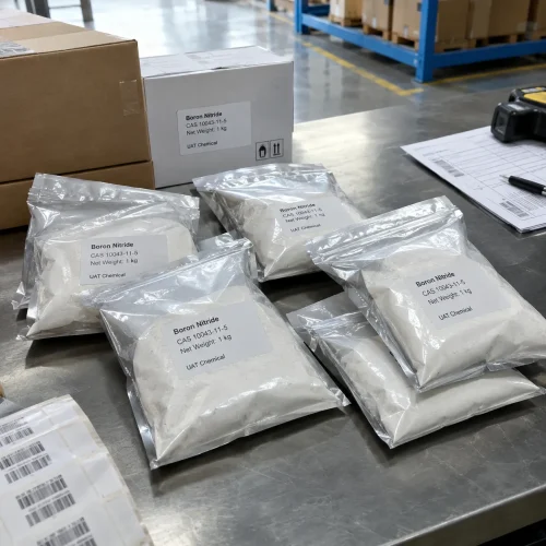 Silver foil bags of white Boron Nitride powder CAS 10043-11-5 with 1 kg net weight on a packing table next to labeled cartons and barcode labels.