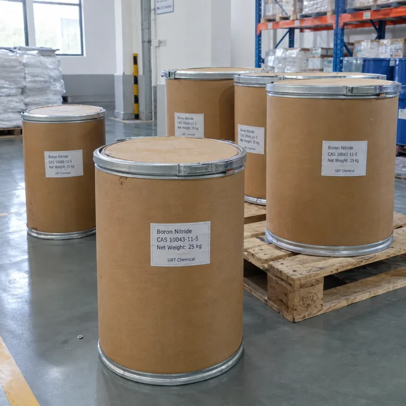Several 25kg brown fiber drums of Boron Nitride CAS 10043-11-5 on a wooden pallet in a warehouse with racks and blue drums in the background.