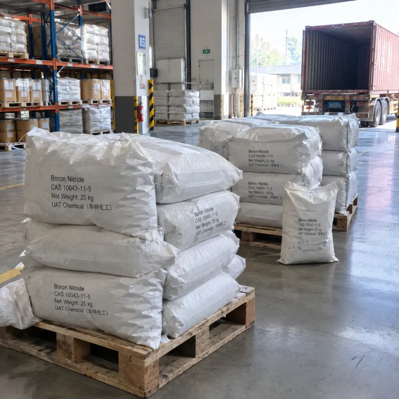Stacked 25kg white woven bags of Boron Nitride CAS 10043-11-5 on wooden pallets at a loading dock with an open container truck in the background.