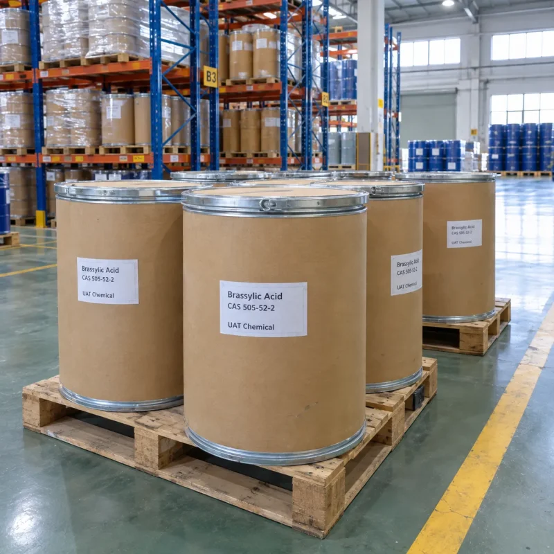 brassylic-acid-cas-505-52-2-fiber-drums Kraft fiber drums of brassylic acid (CAS 505-52-2) with steel locking rims labeled UAT Chemical on pallets in a warehouse