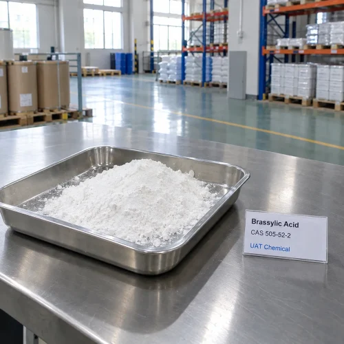 brassylic-acid-cas-505-52-2-white-powder-card White powder of brassylic acid (CAS 505-52-2) heaped in a stainless steel tray beside a UAT Chemical product card