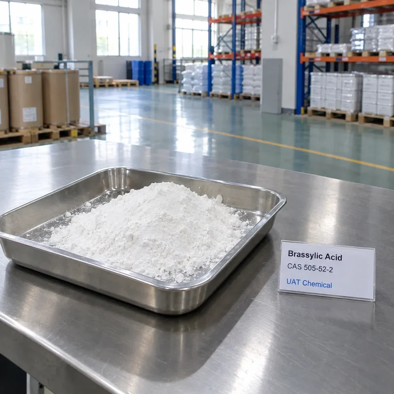brassylic-acid-cas-505-52-2-white-powder-card White powder of brassylic acid (CAS 505-52-2) heaped in a stainless steel tray beside a UAT Chemical product card