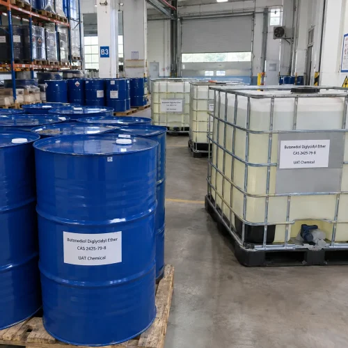 butanediol-diglycidyl-ether-cas-2425-79-8-drums-ibc-storage Butanediol diglycidyl ether CAS 2425-79-8 in blue steel drums and IBC totes stored in warehouse