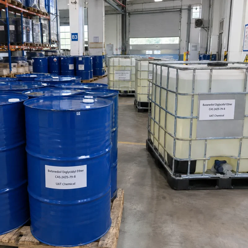 Butanediol diglycidyl ether CAS 2425-79-8 in blue steel drums and IBC totes stored in warehouse