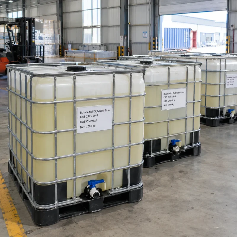 Butanediol diglycidyl ether CAS 2425-79-8 in 1000 kg IBC tote tanks in warehouse