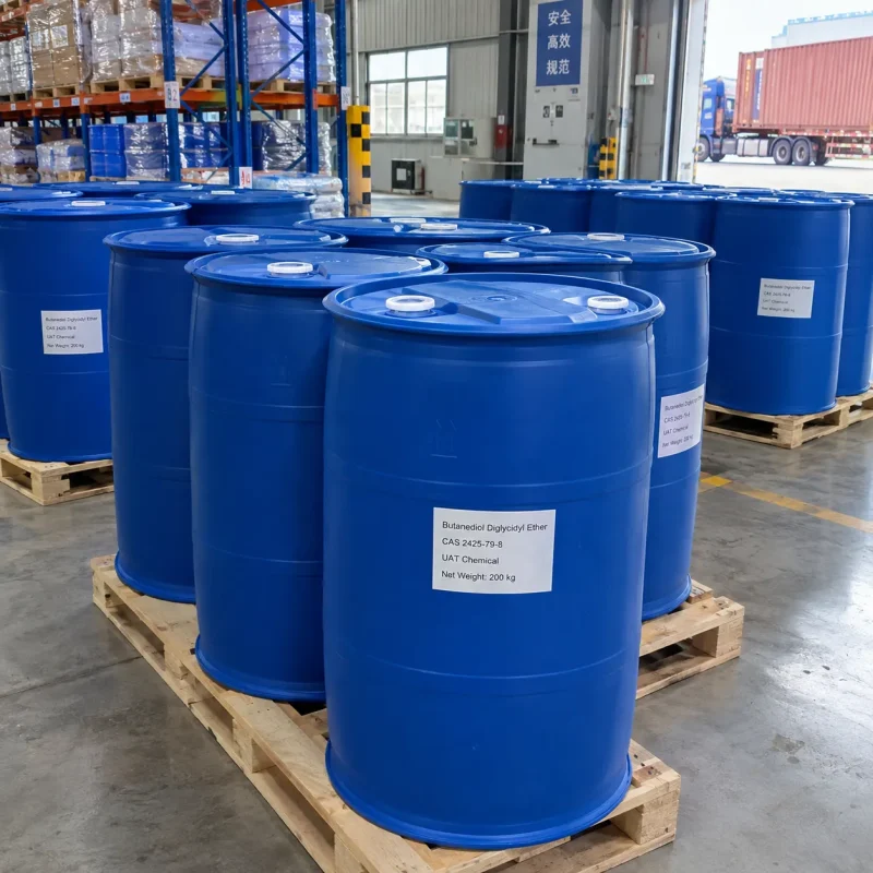 Butanediol diglycidyl ether CAS 2425-79-8 in 200 kg blue plastic drums on wooden pallets in warehouse