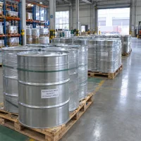 butanone-oxime-meko-cas-96-29-7-shrink-wrapped-steel-drums Shrink-wrapped galvanized steel drums of Butanone Oxime (MEKO) CAS 96-29-7 on wooden pallets in a warehouse with a truck at the loading door.