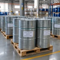 butanone-oxime-meko-cas-96-29-7-steel-drums-pallet Galvanized steel drums labeled Butanone Oxime (MEKO) CAS 96-29-7 on wooden pallets in a warehouse with IBC tanks and racks in the background.