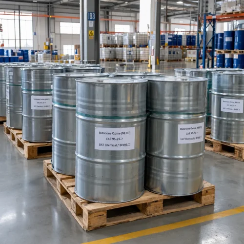 Galvanized steel drums labeled Butanone Oxime (MEKO) CAS 96-29-7 on wooden pallets in a warehouse with IBC tanks and racks in the background.
