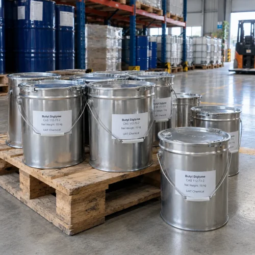butyl-diglyme-cas-112-73-2-15kg-steel-pails-packaging Silver steel pails with carrying handles of butyl diglyme (CAS 112-73-2), net weight 15 kg each, labeled and placed on wooden pallets in a warehouse