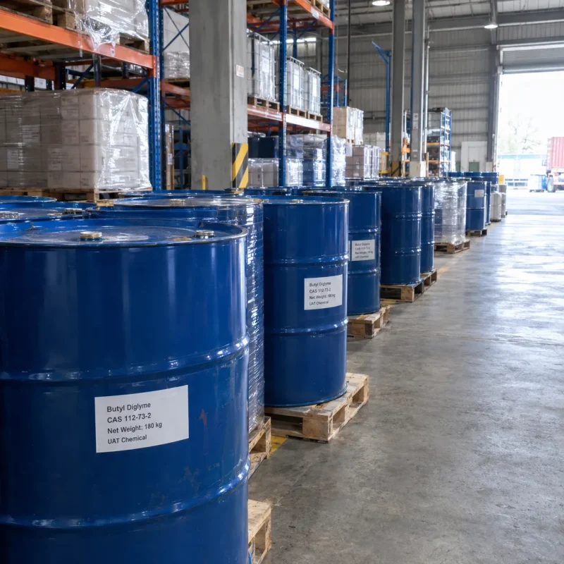 butyl-diglyme-cas-112-73-2-180kg-blue-steel-drums-warehouse Blue steel drums of butyl diglyme (CAS 112-73-2), net weight 180 kg per drum, palletized and arranged in rows along a warehouse aisle