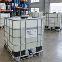 butyl-diglyme-cas-112-73-2-900kg-ibc-totes-warehouse White IBC totes (intermediate bulk containers) of butyl diglyme (diethylene glycol dibutyl ether, CAS 112-73-2), net weight 900 kg each, with metal cage frames and discharge valves, stored in a warehouse