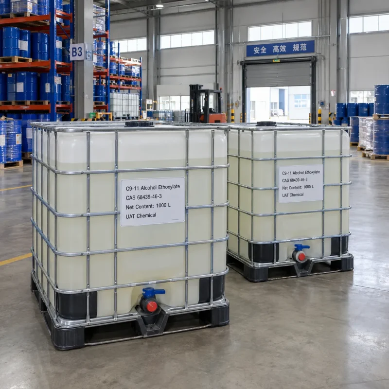 C9-11 alcohol ethoxylate (CAS 68439-46-3) liquid in 1000 L white IBC tote tanks with discharge valves in a warehouse