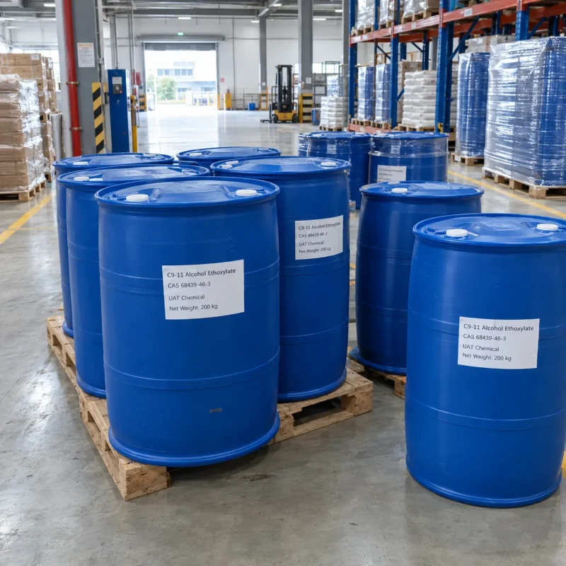 C9-11 alcohol ethoxylate (CAS 68439-46-3) liquid in 200 kg blue plastic drums on wooden pallets in a chemical warehouse