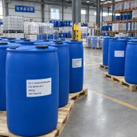 Rows of blue drums containing C9-11 alcohol ethoxylate (CAS 68439-46-3), 200 kg each, stored on pallets in warehouse