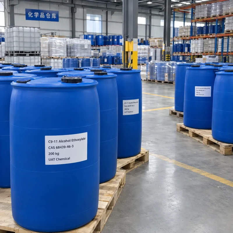 Rows of blue drums containing C9-11 alcohol ethoxylate (CAS 68439-46-3), 200 kg each, stored on pallets in warehouse