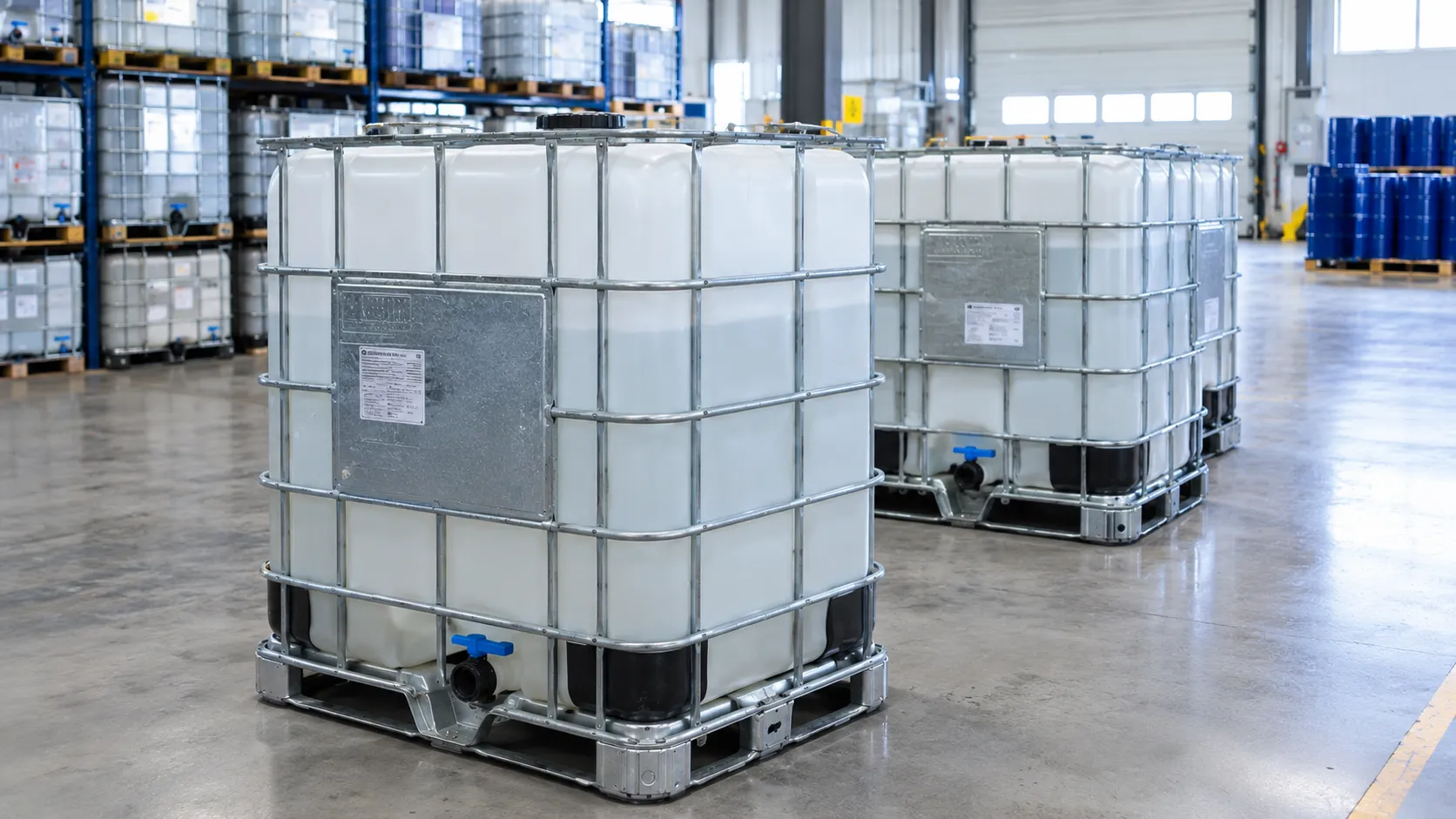 Liquid chemical batches stored in galvanized-caged IBC totes, bottom valves closed for dispatch