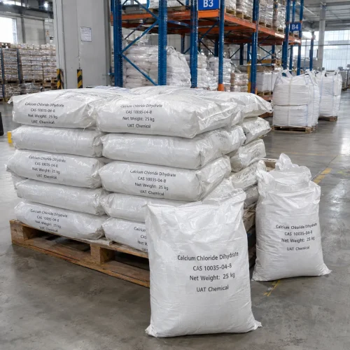 Calcium chloride dihydrate (CAS 10035-04-8) packed in 25 kg white woven bags stacked on a wooden pallet in a warehouse