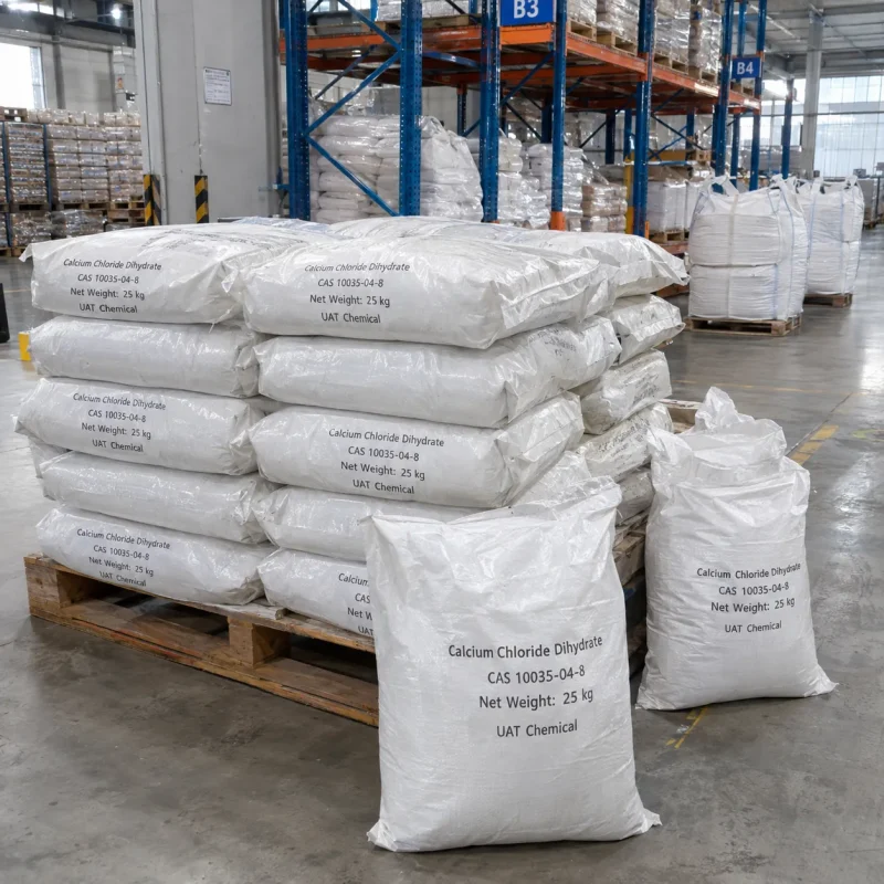Calcium chloride dihydrate (CAS 10035-04-8) packed in 25 kg white woven bags stacked on a wooden pallet in a warehouse
