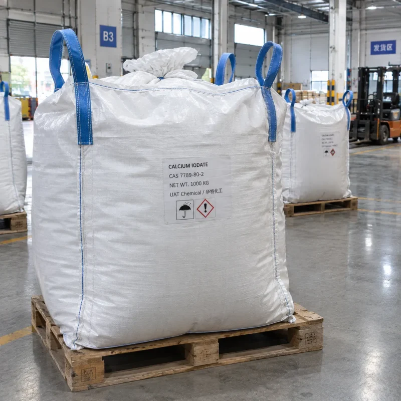 calcium-iodate-cas-7789-80-2-1000kg-fibc-bag-pallet White FIBC bulk bag with blue loops labeled Calcium Iodate CAS 7789-80-2 with 1000 kg net weight on a wooden pallet in a warehouse shipping area.