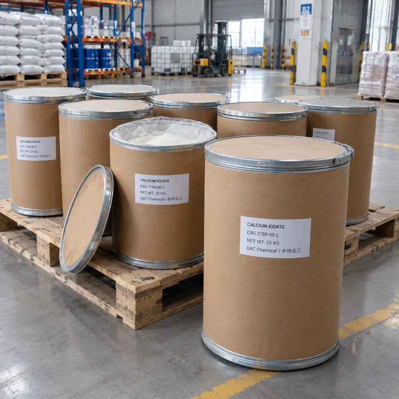 calcium-iodate-cas-7789-80-2-25kg-fiber-drums-open-drum 25kg brown fiber drums of Calcium Iodate CAS 7789-80-2 on a wooden pallet with one open drum showing white powder and its lid beside, in a warehouse.