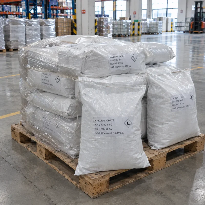 calcium-iodate-cas-7789-80-2-25kg-woven-bags-shrink-wrapped-pallet Shrink-wrapped stacked 25kg white woven bags of Calcium Iodate CAS 7789-80-2 on a wooden pallet in a warehouse with a forklift and IBC tanks in the background.